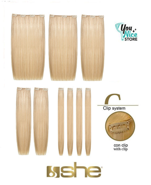 Kit 9 fasce extension professionali, SHE EXTENCLIP. 40 45 cm Capelli lisci. Colori naturali.