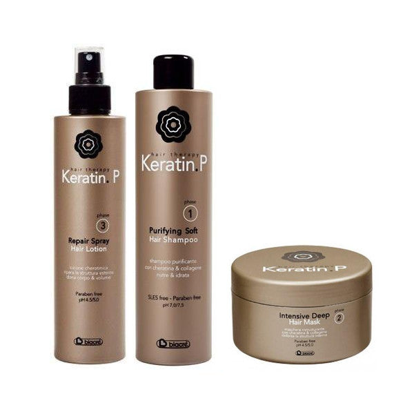 Kit trattamento capelli ristrutturante Keratin P Biacre' shampoo + maschera + lozione spray