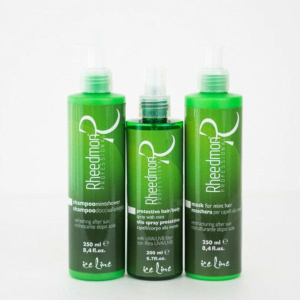 KIT ICE LINE SHAMPOO+SPRAY+MASCHERA DOPO SOLE PER CAPELLI ALLA MENTA RHEEDMON